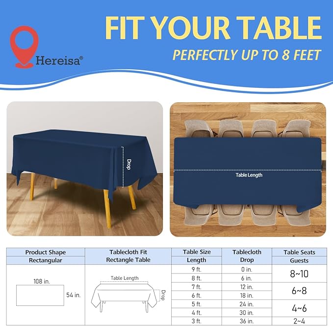8-Count Navy Blue Disposable Plastic Tablecloths Rectangle 54x108 Inch - Extra Long Waterproof Banquet Table Covers for Parties & Catering