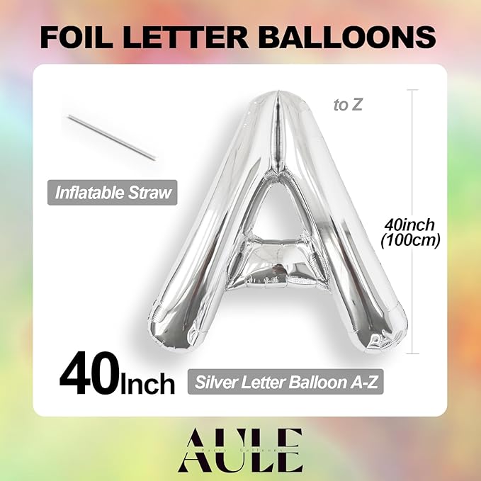 AULE 40 Inch Big Letter Balloon Silver T Large Foil Helium Alphabet Balloons A-Z for Birthday Anniversary Graduation New Year Party Decoration Supplies