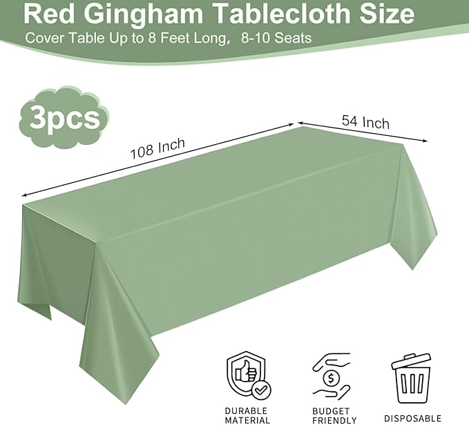 1 Pack Sage Green Plastic Tablecloths for Rectangle Tables Waterproof Sage Green Table Cover for Birthday Bridal Wedding Baby Shower Party Decorations, 54 X 108Inch
