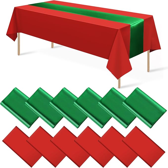 12 Pack 12x108 Inch Satin Table Runner and 84 Inch Rectangle Plastic Tablecloths Set Christmas Red and Green Disposable Table Cloth for New Year Christmas Wedding Holiday Anniversary Party Decorations