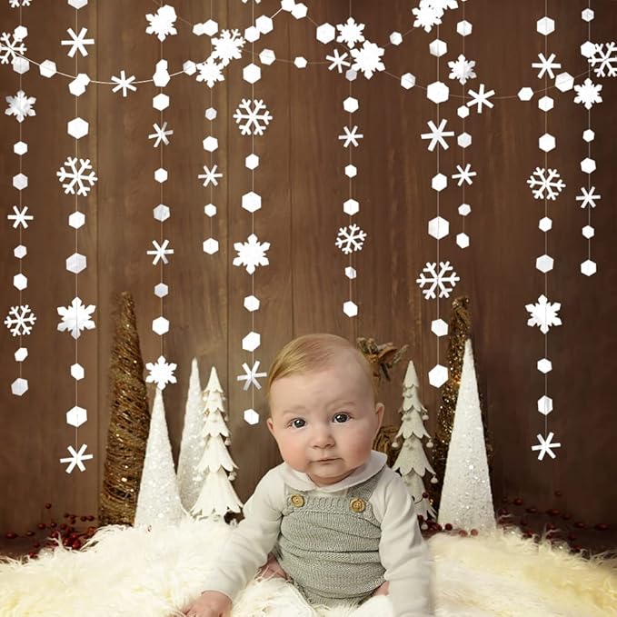 pinkblume 52Ft Winter Wonderland Party Decorations White Snowflake Garland Metallic Glitter Snowflakes Streamer for Winter Onderland Christmas Frozen Birthday Wedding Baby Bridal Shower Party Supplies