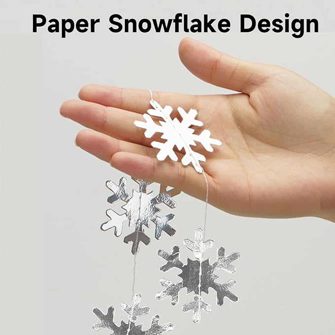 GCQQ Snowflake Garlands - 52Ft Silver Christmas Snowflake Hanging Garland 2" Winter Wonderland Paper Garland for Classroom Wall Office New Year Xmas Tree Frozen Christmas Birthday Party Decoration
