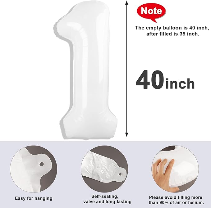 Number Balloons 1, 40 Inch One Balloons for 1st Birthday Girl Boy 1 11 21 Party Decorations Baby Shower Photo Shoot, White 1 Balloon
