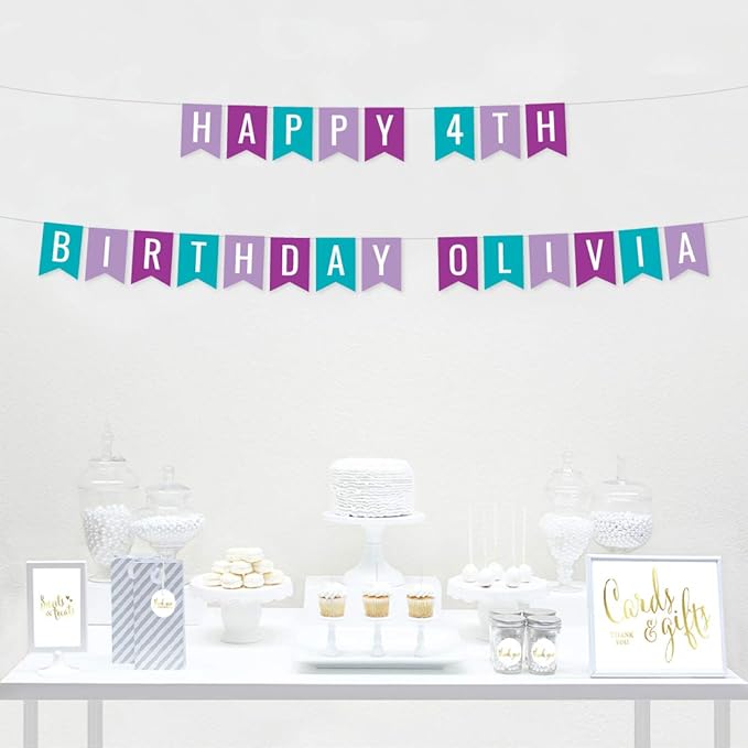Andaz Press Personalized Hanging Pennant Banner Party Decorations, Lavender, Purple, Aqua, Happy 4th Birthday Olivia, 1-Pack, Approx. 5-Feet, Custom Name and Number, Mermaid Theme