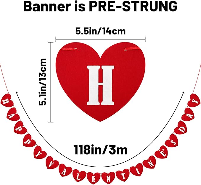 Happy Valentines Day Felt Banner No DIY Valentines Day Banner Pre-Strung Valentine's Day Felt Heart Garland for Valentine's Day Decorations