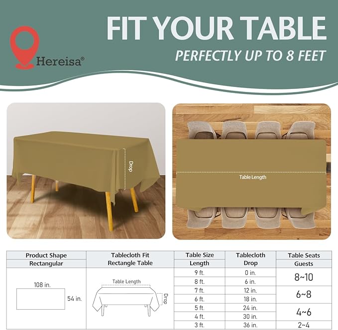 Disposable Plastic Tablecloth 54x108 Inch Rectangle - Gold, 4 Pack Waterproof & Tear-Resistant Party Table Cover for Dining, Picnic, Crafts, Holiday Decor