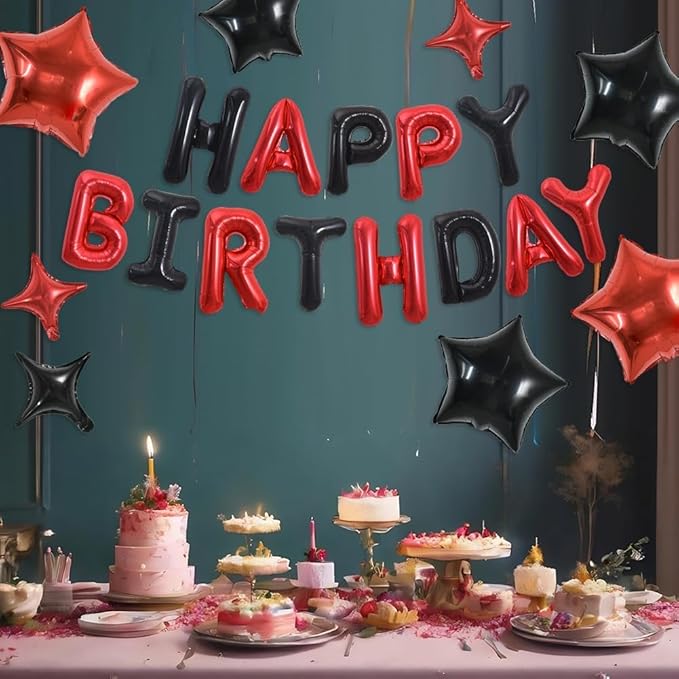TONIFUL 35PCS 16 Inch Black Red Happy Birthday Balloon Black Red Happy Birthday Balloons Decorations with Star Balloons for Girls Boys Kids Men Women Adults Birthday Party Decorations Supplies