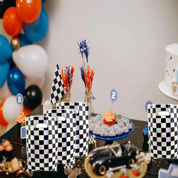 OasiZephauride 30PCS Race Car Party Favors Bags,Iridescent Black and White Party Goodie bags,Checkered Gift Bags with Handles for Kids Birthday Candy Treat Bags, Car Themed Party Supplies
