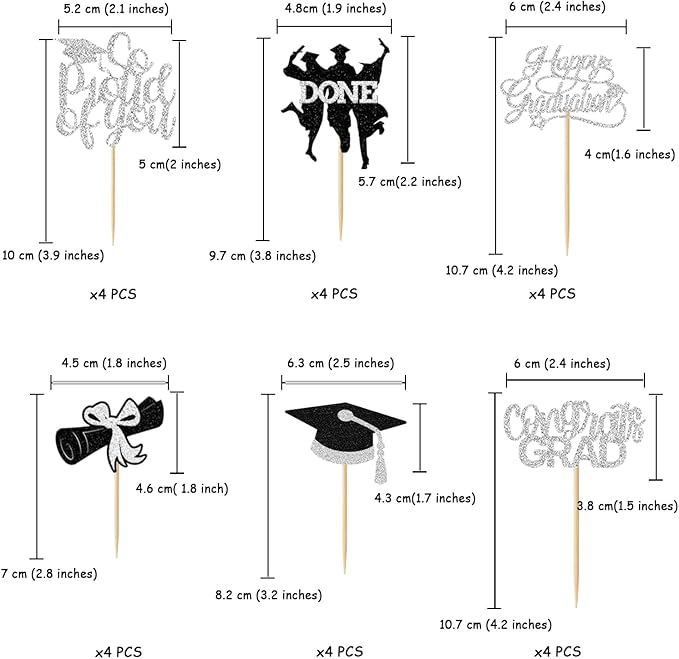 24 Pack 2026 Congrats Grad Cupcake Toppers Set, Graduation Cupcake Decor, Class of 2026 Cupcake Picks for Senior High School College Grad Party Decorations Supplies(Black with Silver) B