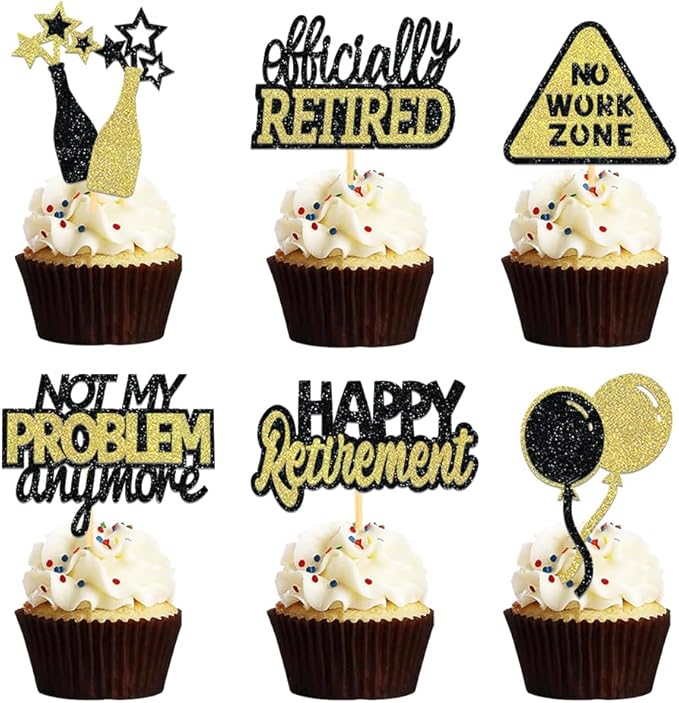 24 Pcs Happy Retirement Cupcake Toppers Officially Retired Cupcake Picks, No Work Zone Retirement Theme Cake Toppers Decorations for Farewell Party Cakes (Black&Gold Ⅱ)