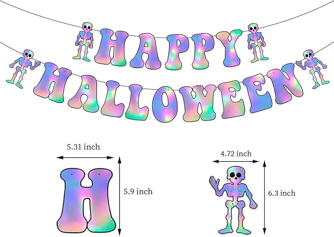 Halloween Iridescent Holographic Bats Party-Decorations Stickers Banner - 17pcs Neon Glitter 3d Paper Rooms Wall Decor,Hotel Transylvania Kids Happy Birthday Hanging Supplies Panduola