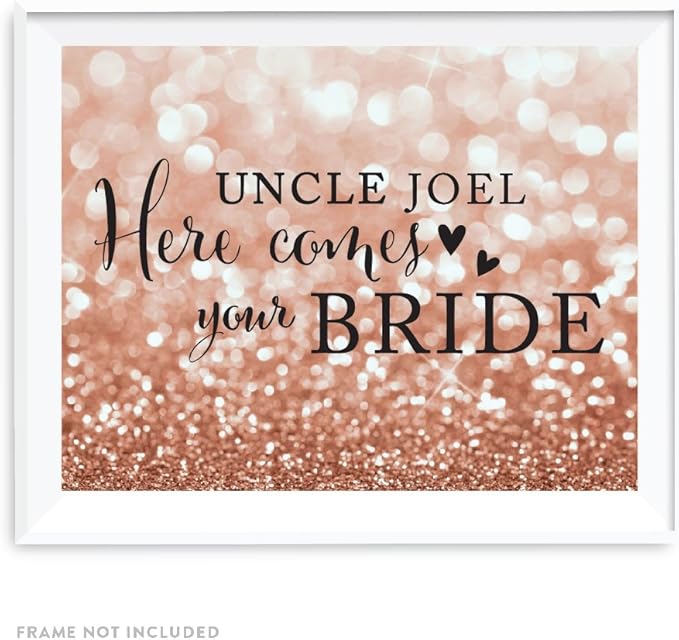 Andaz Press Personalized Wedding Party Signs, Glitzy Rose Gold Glitter, 8.5x11-inch, Uncle Josh, Here Comes Your Bride, Ring Bearer or Flower Girl Sign, 1-Pack, Bokeh Colored Party Supplies, Custom
