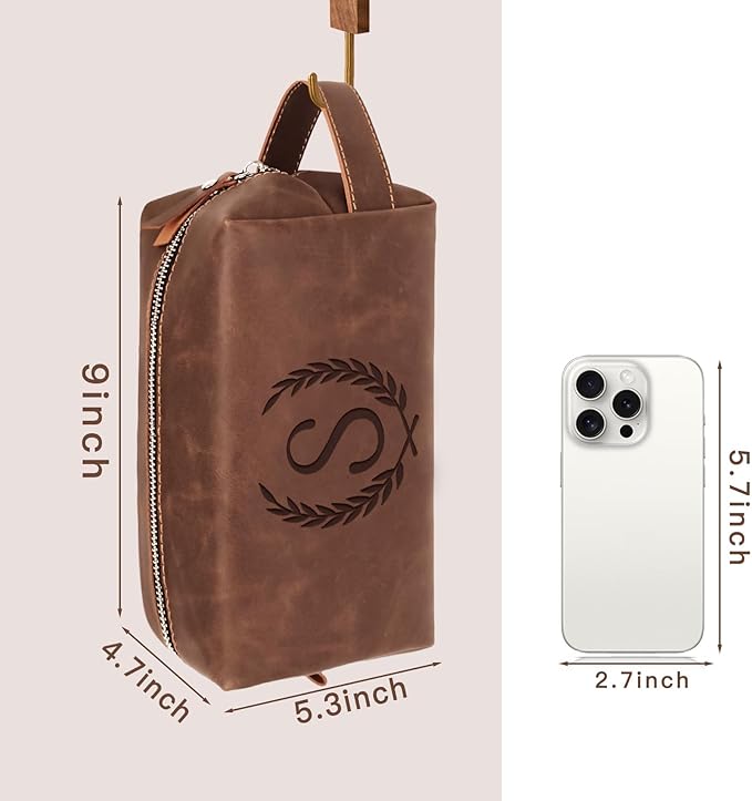 Personalized Gifts Travel Toiletry Bag for Men Engraved Initial PU Leather Waterproof Shaving Bag for Toiletries Accessories Fathers Day Birthday Gift for Men Dad Husband Son, Reddish Brown Y