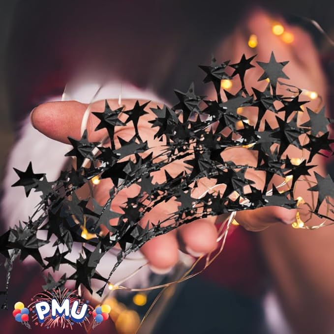 PMU 300 Ft Star Wire Shiny Garland Black Star - Halloween, Christmas Party, Wedding, Birthday, Festive Home Decoration Ornament Black Star (12pc-25Ft Each)