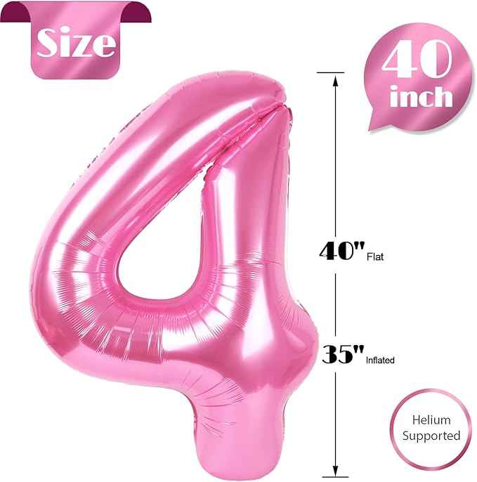 Pink Number 4 Balloon 40 Inch, 4th Birthday Party Decorations for Children, Giant 4 Foil Balloon for Party Supplies