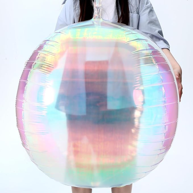 3 Pcs 32 Inch Iridescent 4d Round Ball Balloons Holographic Balloons for Spring, Clear Foil Decor Folding Rainbow for Under the Sea Mermaid Groovy Party, Stage, Wedding, Birthday Party
