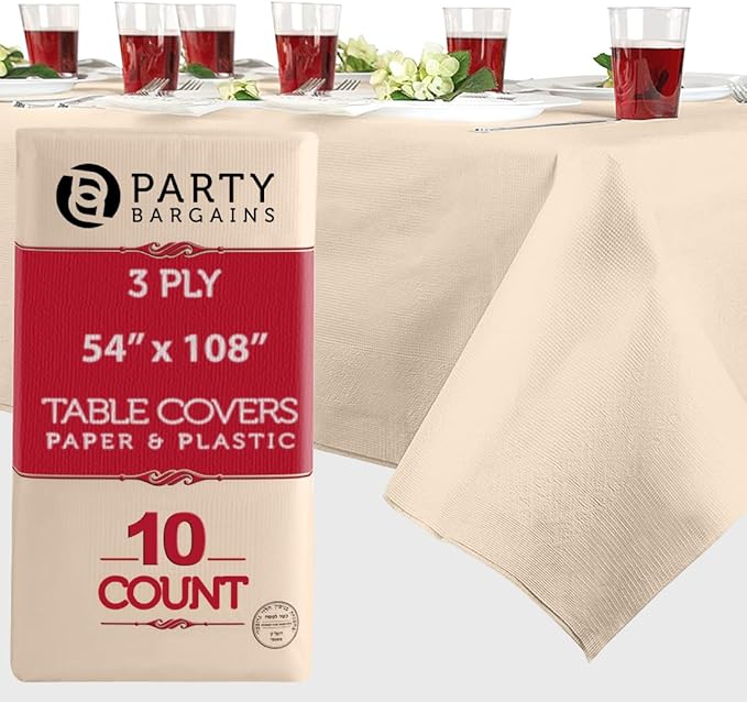 PARTY BARGAINS Disposable Table Covers, 54 x 108 Inch, Ivory, 3-Ply Paper & Plastic Spill-Resistant Party Tablecloths, 10 Pack