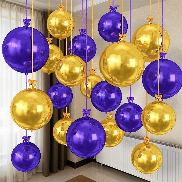Togvu Purple Gold Round Foil Balloons, 16PCS Different Sizes 4D Metallic Balloon Large Sphere Mirror Ball Balloons for Prom Graduation New Year Festival Birthday Party Ceiling Decorations Supplies
