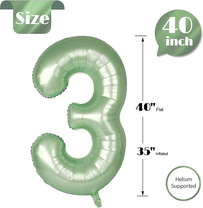 Sage Green Number 3 Balloon 40 Inch, 3 Balloon Number, 3rd Birthday Decorations, Oliver Green Party Supplies for Boys Girls