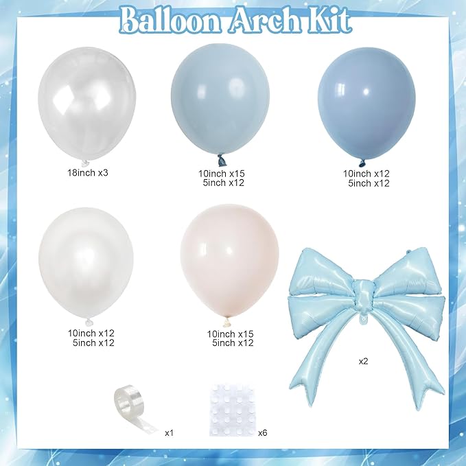 Dusty Blue Balloon Garland Arch Kit, 107PCS Dusty Fog Blue and White Balloons with Bow Balloon Decor for Coquette Birthday Baby Bridal Shower Wedding Party Decorations