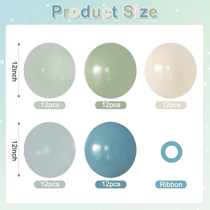Sage Green Dusty Blue Balloons, 60Pcs 12 Inch Sage green Dusty blue Light Green Blue Sand White Balloons for Boho Baby Shower Bridal Shower Gender Reveal Anniversary Birthday Party Decorations
