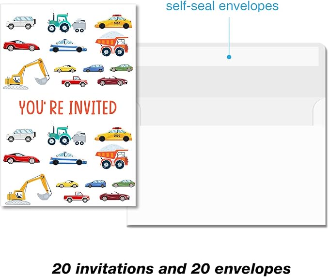 Soiceu Cute Transportation Birthday Invitations with Envelopes Set of 20 Cars Truck Vehicle Birthday Party Invites for Boys Girls