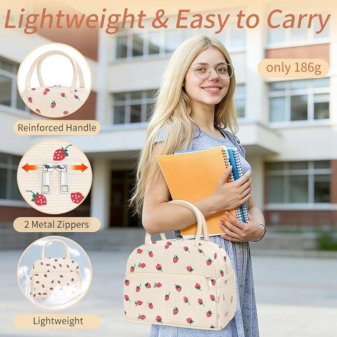 Coobiiya Corduroy Lunch Bag Lunch Box for Women Men, Cute Corduroy Lunch Tote Bags Insulated Reusable LunchBox Large Capacity Cooler Bag for Work Travel Picnic Pink