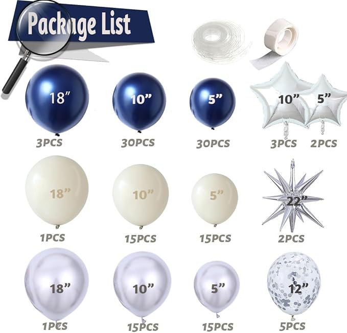 Navy Blue Sliver Sand white Balloon Garland Arch Kit, Royal Blue White Metallic Sliver Confetti Mixed Sizes Balloons for Anniversary Baby Shower Wedding Birthday Party Decorations