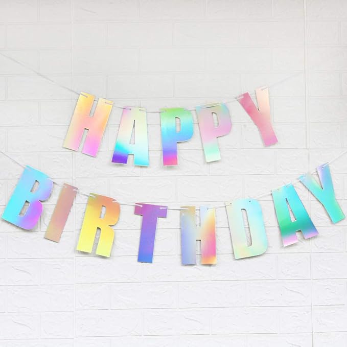 Fermus Pre-Strung Holographic Happy Birthday Banner - NO DIY - Iridescent White Hanging Bunting Garland Party Decorations