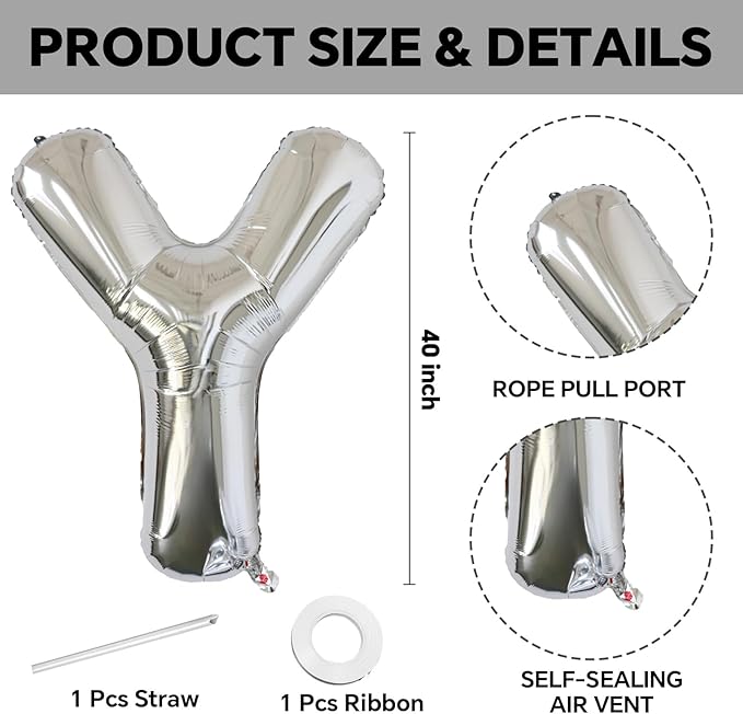 KALOR 40 Inch Silver Letter Y Balloons Jumbo Foil Mylar Helium Big Balloons for Birthday Party Anniversary Baby Shower Supplies