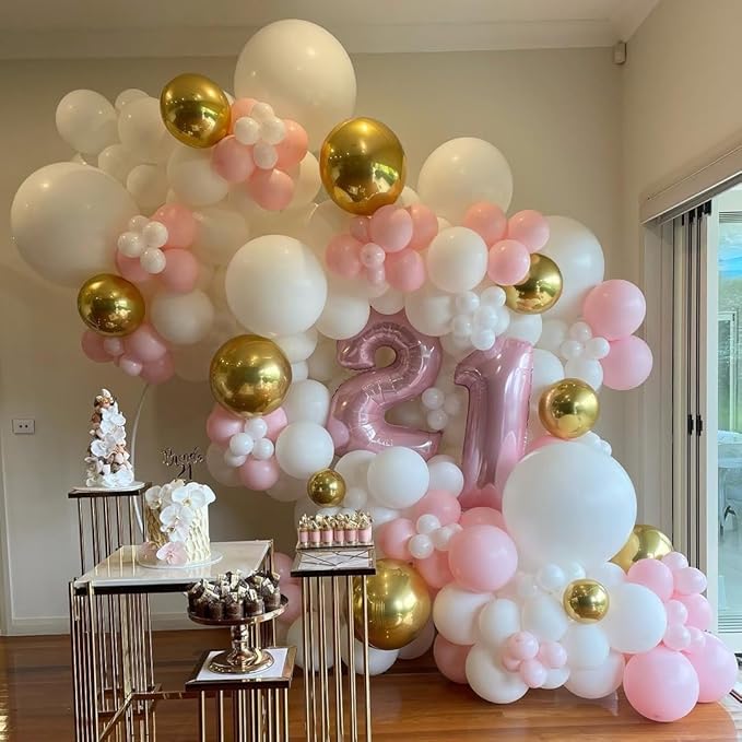 Pink and White Gold Balloons Garland Arch Kit with Stars 200Pcs - Girl Birthday Decorations 5 10 12 18 inch Balloon for Engagement Birthday Baby Shower Wedding Bridal Shower Party Decorations