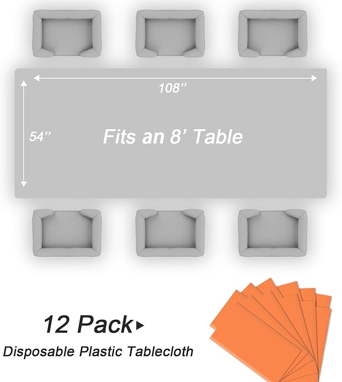 QIKSION Orange Plastic Table Cloth Disposable 12 Pack, 54 x 108 Inch Tablecloths for Party, Graduation, Halloween, Thanksgiving Decorations, Harvest, Fall, Rectangle Table Cover