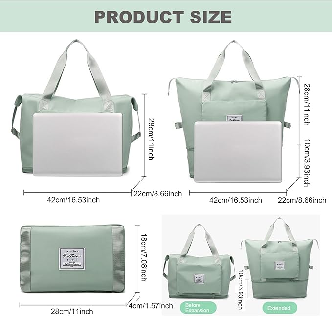 Large Capacity Folding Travel Bag, Lightweight Waterproof Luggage Bag, Expandable Travel Duffel Bag, Dry Wet Separated Gym Tote Bag, Weekender Overnight Bags for Women and Man (Light Green)