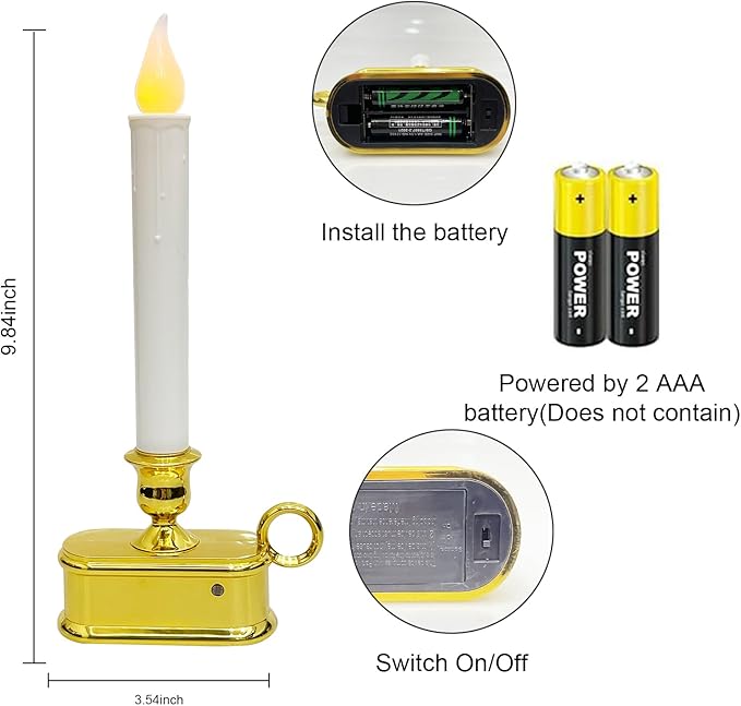 Set of 4 Battery Operated LED Window Candles with Dusk to Dawn Sensor, Flicker Flame Christmas Candles with Gold Base, 10 Inch Flameless Taper Candle Lights for Table Window Bedroom Christmas Decor