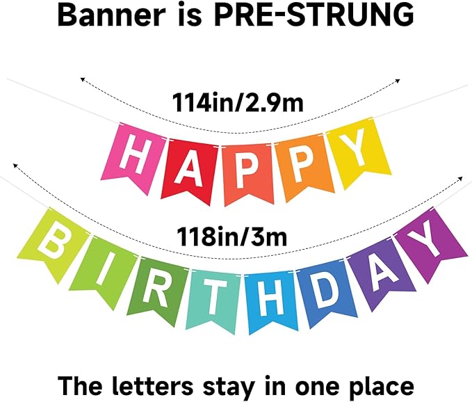 Happy Birthday Colorful Banner Rainbow Birthday Party Banner NO DIY Happy Birthday Sign Pre-Strung Birthday Hanging Decoration for Women Girl Men Boy Party Supplies (Multicolor)