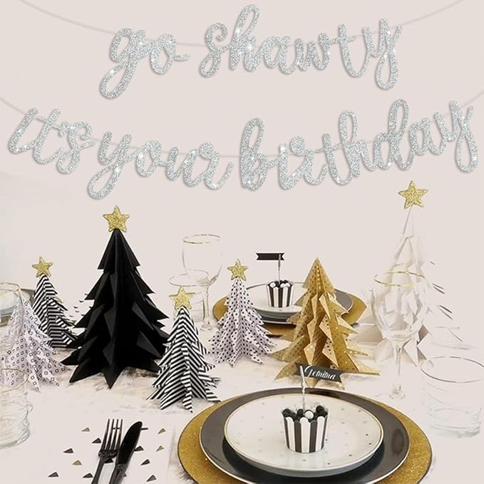 BEISHIDA Go Shawty It's Your Birthday Banner NO DIY Hip Hop Theme Happy Birthday Banner Pre-Strung Rap Theme Happy Birthday Sign for Man Women birthday Party Supply Glitter Silver