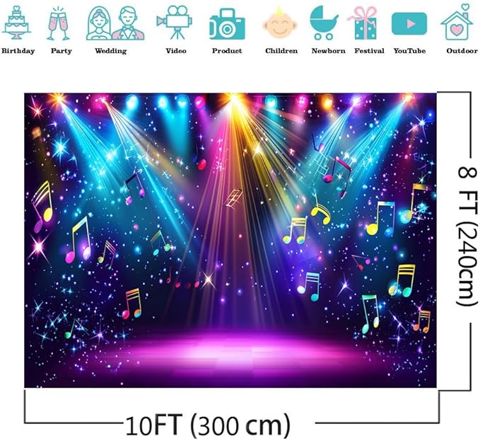 AIIKES 10x8ft Rainbow Stage Photography Backdrop1980s Colorful Disco Backdrop Rock Music Glow Neon Dance Birthday Party Decorations Backdrop XY142