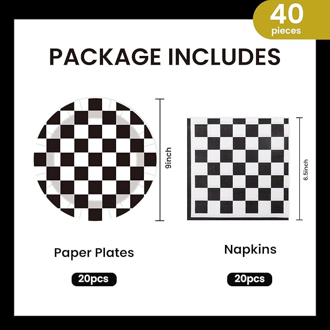 40Pcs Race Car Party Supplies Paper Plates and Napkins, 9 Inch Disposable Black White Checkered Flag Plates and Napkins for Race Car Birthday Party Decorations (Checkered)