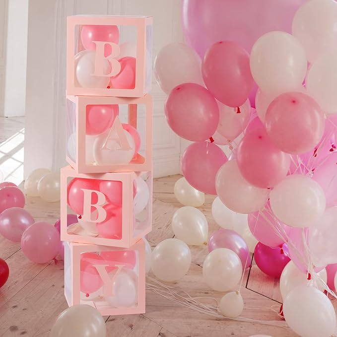 Baby Boxes with Letters for Baby Shower, 4 Transparent Balloon Boxes with Letters for Gender Reveal Birthday Wedding Baby Shower Decorations (Pink)