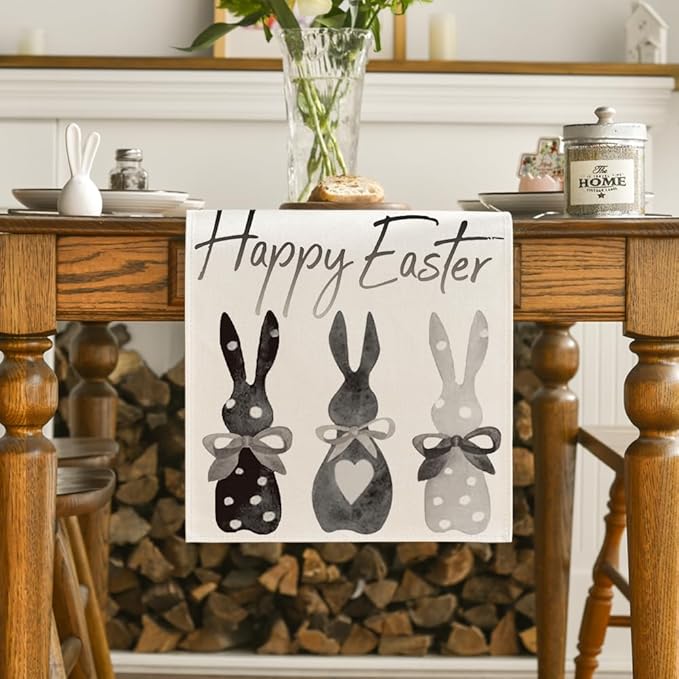 Artoid Mode Black Grey White Rabbit Bunny Happy Easter Table Runner, Spring Seasonal Holiday Kitchen Dining Table Decoration for Home Party Decor 13 x 72 Inch