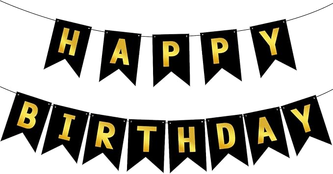 Hooqict Happy Birthday Banner Black and Gold Birthday Decorations for Kids Men Women Black Party Banner Decorations Supplies Wall Door Garland Sign Bunting Flag