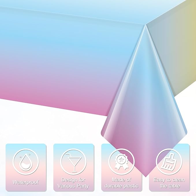 3 Pack Pastel Rainbow Plastic Tablecloth Party Decorations, Pastel Disposable Table Covers for Rectangle Tables, Rainbow Table Cloth for Easter Birthday Baby Shower Wedding Party Supplies, 54x108Inch
