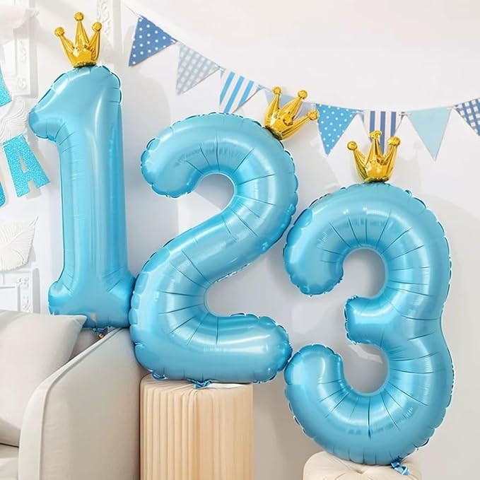 Blue Number 3 Balloon with Crown, 40 inch Blue Number Balloon 3rd Birthday Party Decoration BlueCrown Balloons 0-9 for Birthday Party Anniversary Decorations Supplies