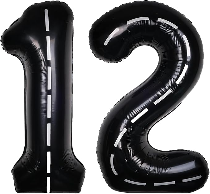 Race Car 40Inch Black 12 Balloon Number Large Helium Race Track 0-9 Giant Digital 12th Foil Mylar Big Party Number Balloons for Boy Birthday Car Theme Party Anniversary Graduation Decorations