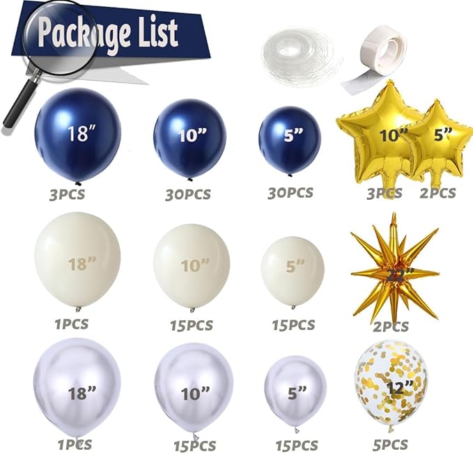 Navy Blue Gold Sand white Balloon Garland Arch Kit, Royal Blue White Metallic Gold Confetti Mixed Sizes Balloons for Anniversary Baby Shower Wedding Birthday Party Decorations