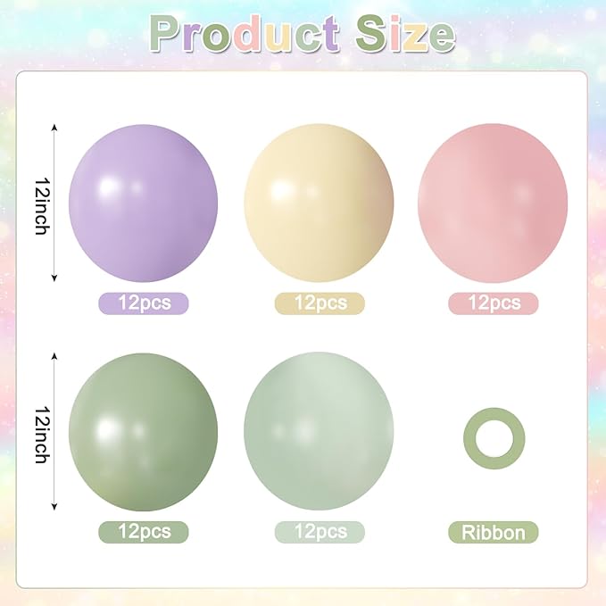 Purple Green Pink Yellow Balloons, 60Pcs 12 Inch Pastel Balloons Include Sage green Pastel Purple Pink Yellow Light Green balloons for Wildflower Baby Shower Wedding Birthday Party Decorations