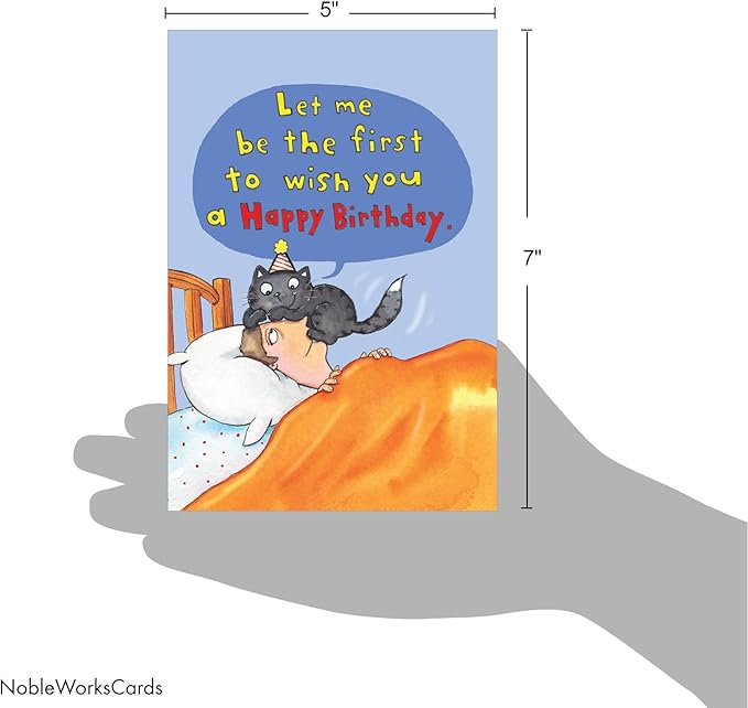 NobleWorks - 1 Awesome Birthday Greeting Card - Cartoon Art, Happy Funny Bday Note - Cat on Head C3791HBDG