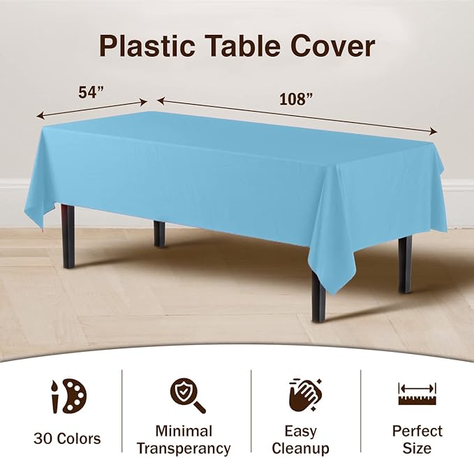 Exquisite Party Solids 6-Pack Premium Plastic Tablecloth 54in. x 108in. Rectangle Plastic Table Cover - Sky Blue