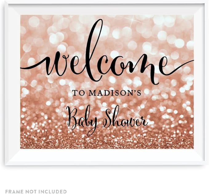 Andaz Press Personalized Baby Shower Party Signs, Glitzy Rose Gold Glitter, 8.5x11-inch, Welcome to Madison's Baby Shower Sign, 1-Pack, Bokeh Colored Party Supplies, Custom Made Any Name
