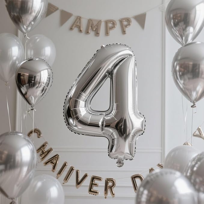 4 Balloon Number Large 40 Inch Foil Balloons for Birthday Party Decoration, Silver Number 4 Ballon for 4, 14, 24, 40 Celebration, Birthday, Christmas, Anniversary Decor